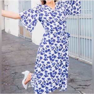 Floral Wrap Dress in Blue and White